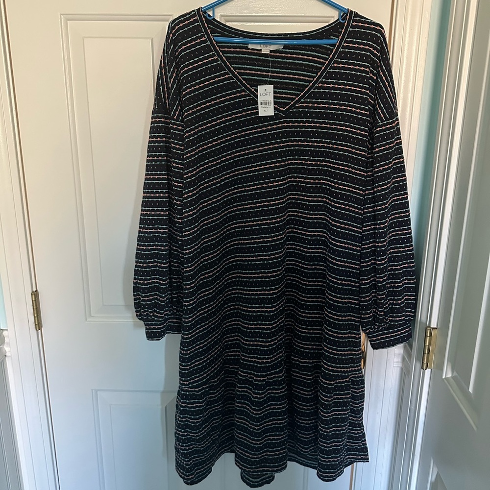 Ann Taylor Loft Navy Dress with Pink, Gold and Light Blue Detailed Stripes XLT
